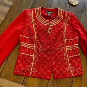 Susanna Red embellished full zip sweater gold trim bejeweled cross pattern 14‎